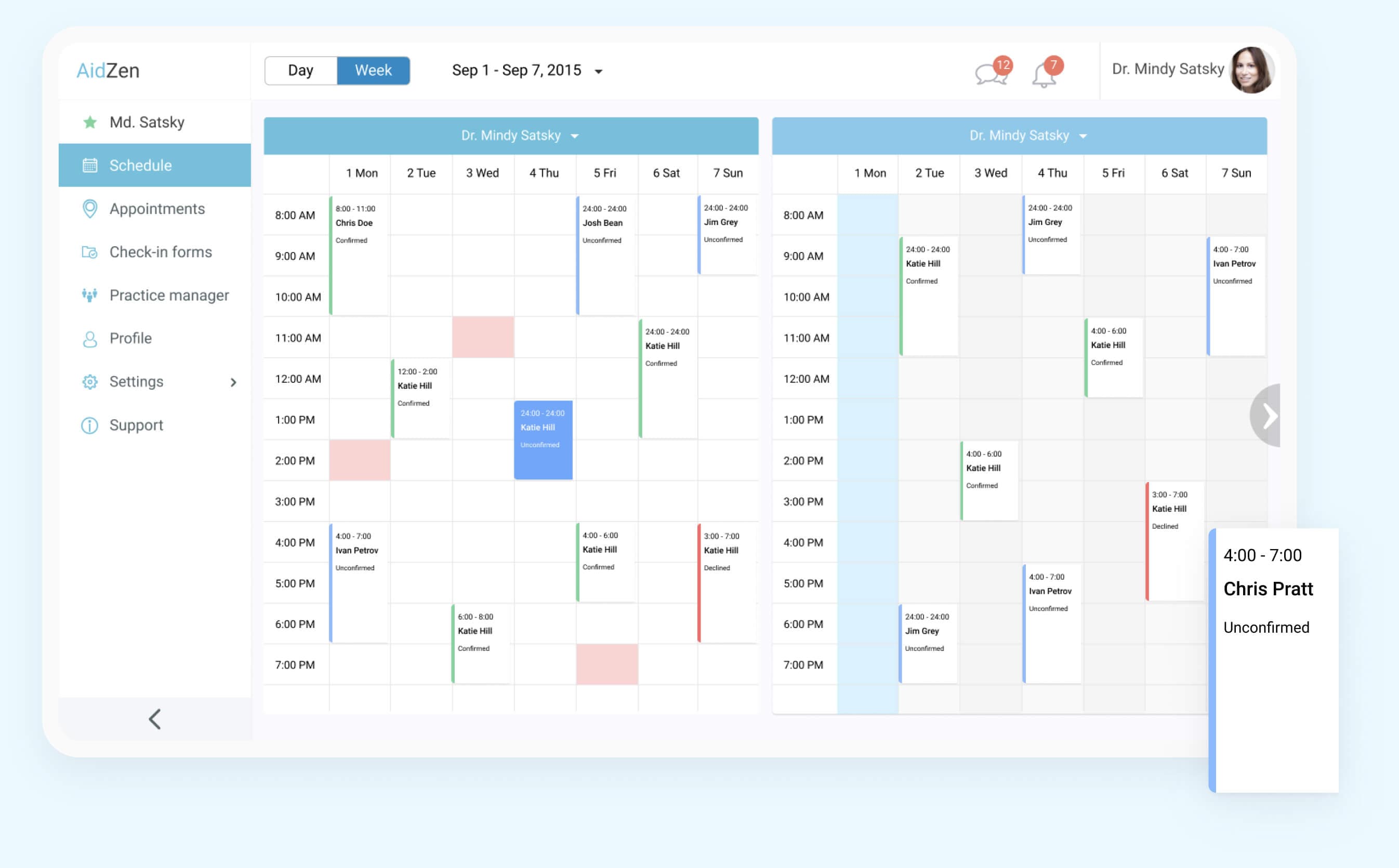 Practice office schedule management calendar UI