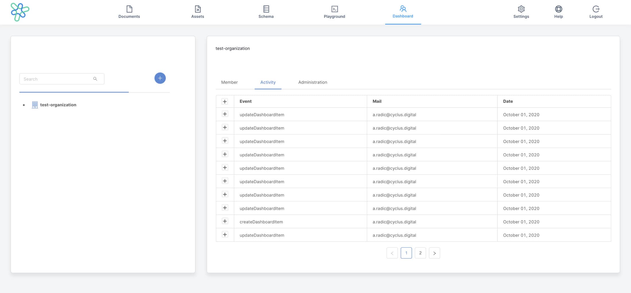 CMS dashboard user interface with last user activity