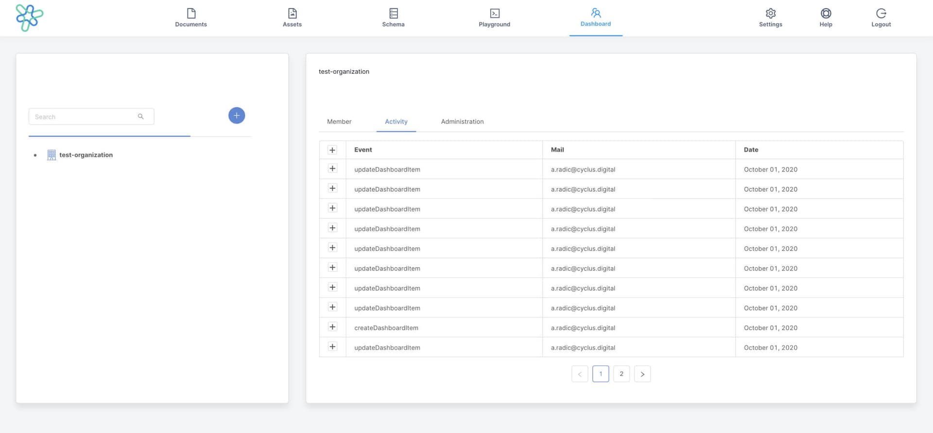 CMS dashboard user interface with last user activity