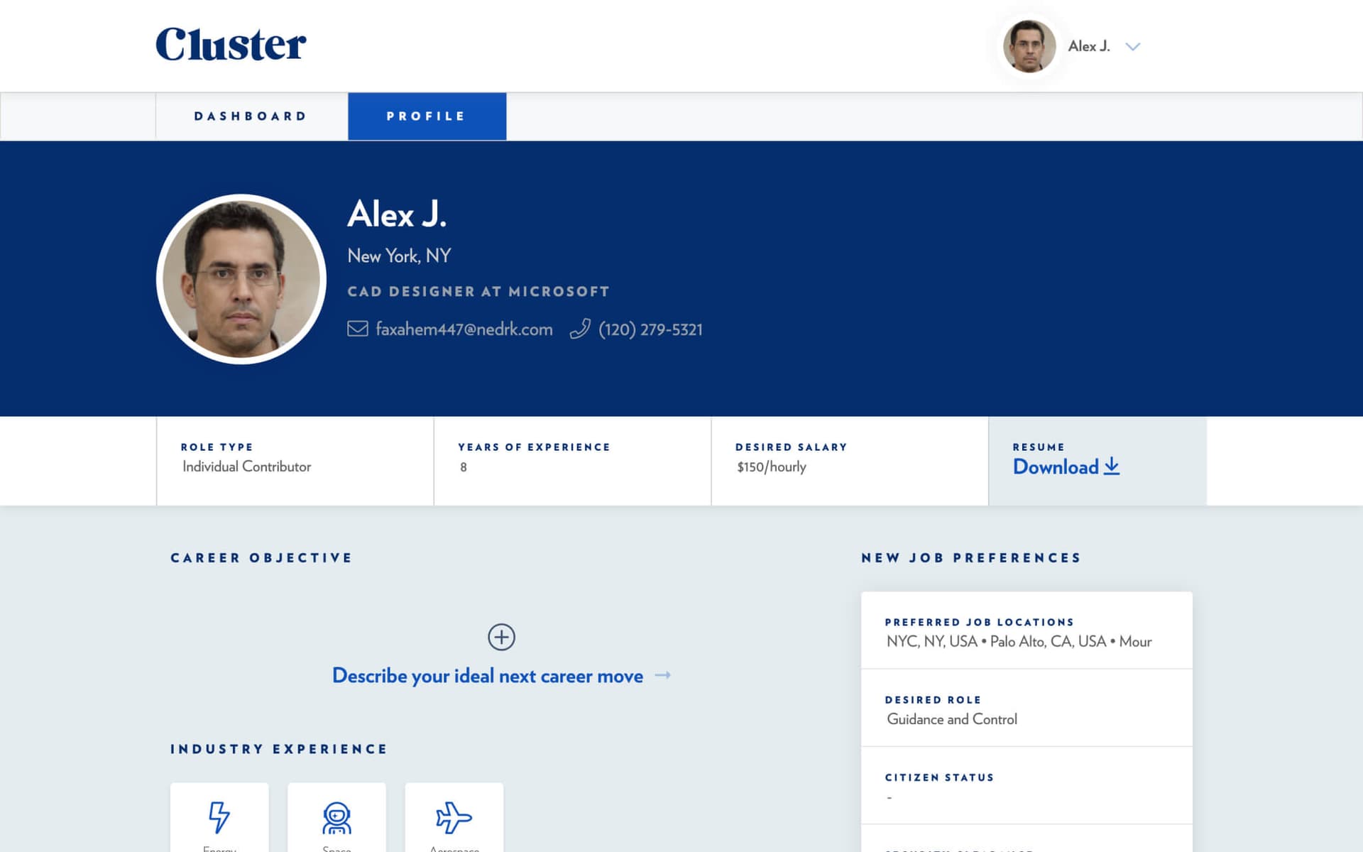 User account interface with CV for cad designer at Microsoft