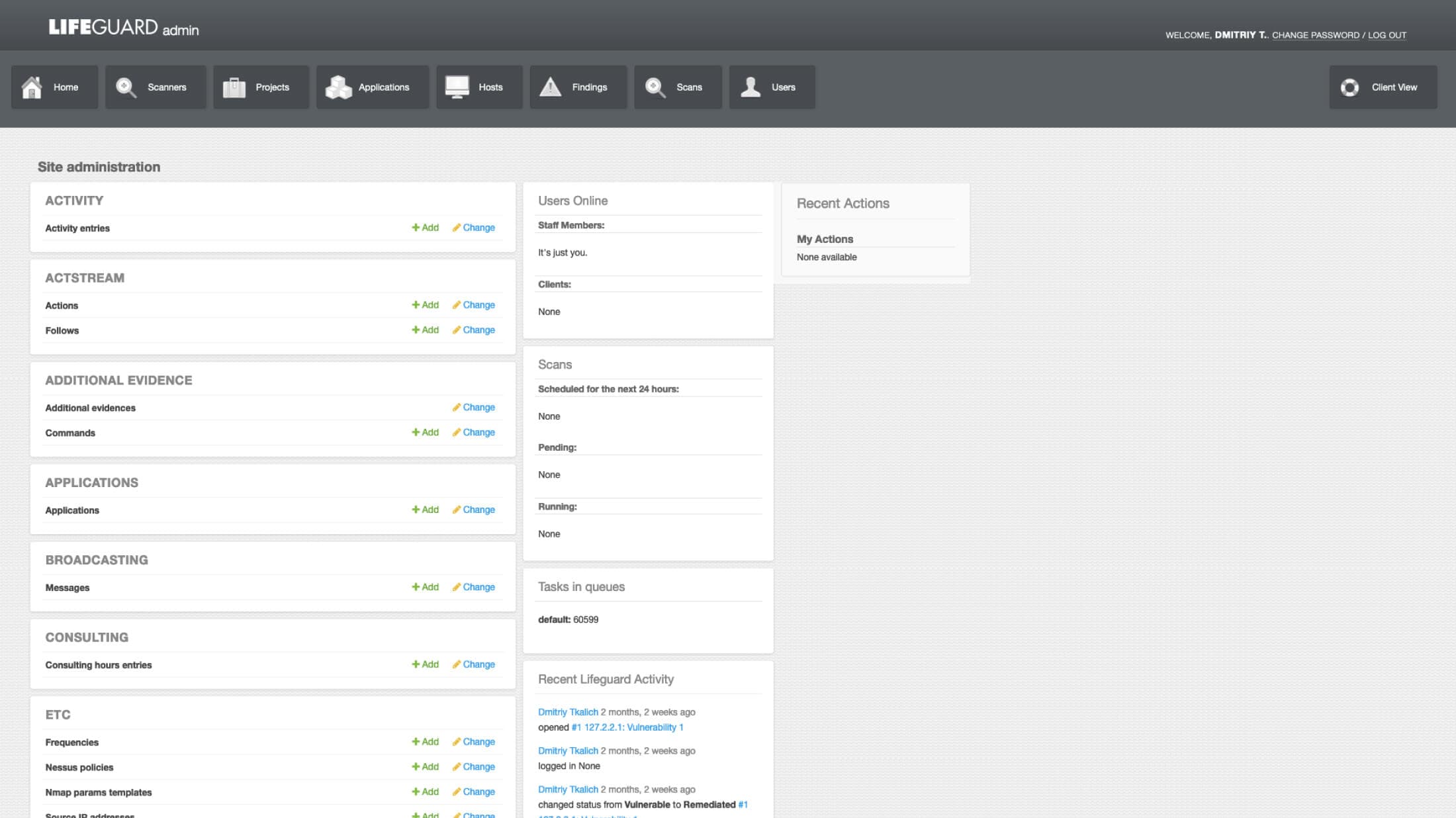 Admin panel for network settings for scheduling and checking vulnerabilities