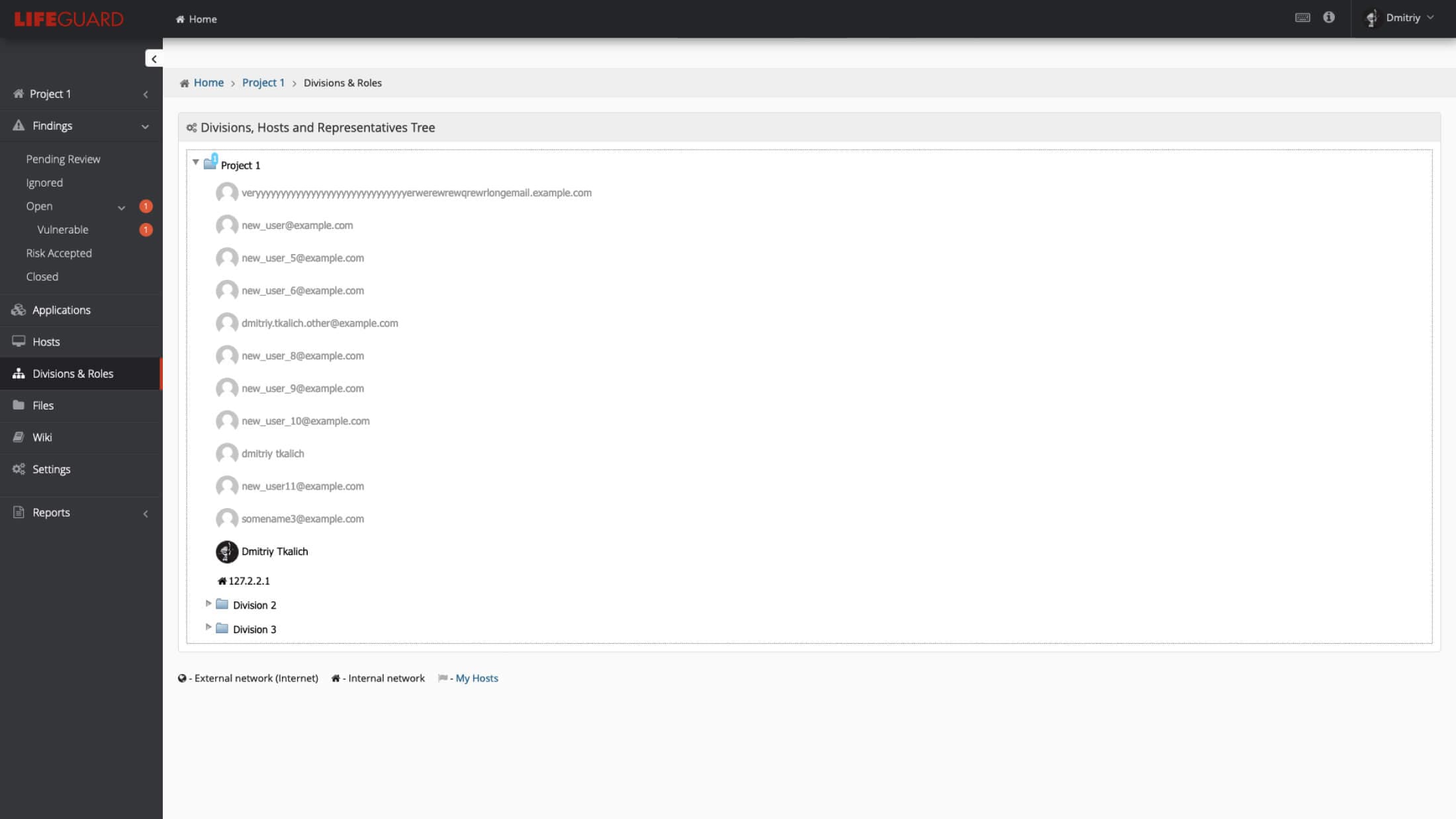 Divisions and roles of network settings in security tool