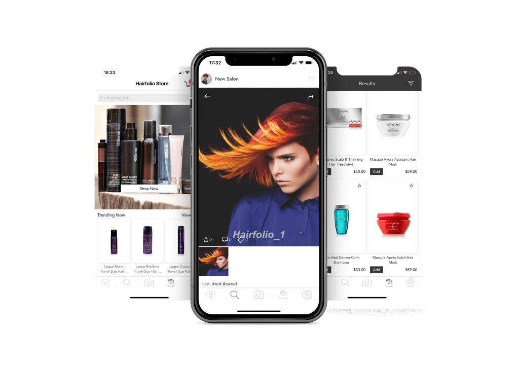 Mobile app screens with hairstyle and hair products