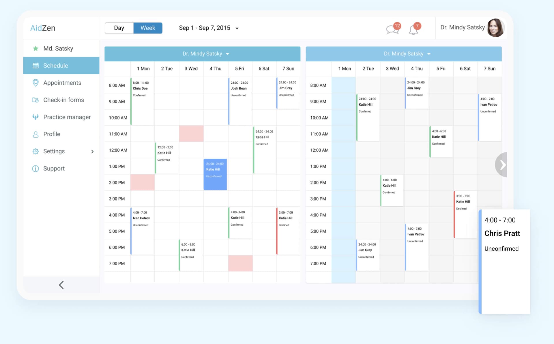 Practice office schedule management calendar UI