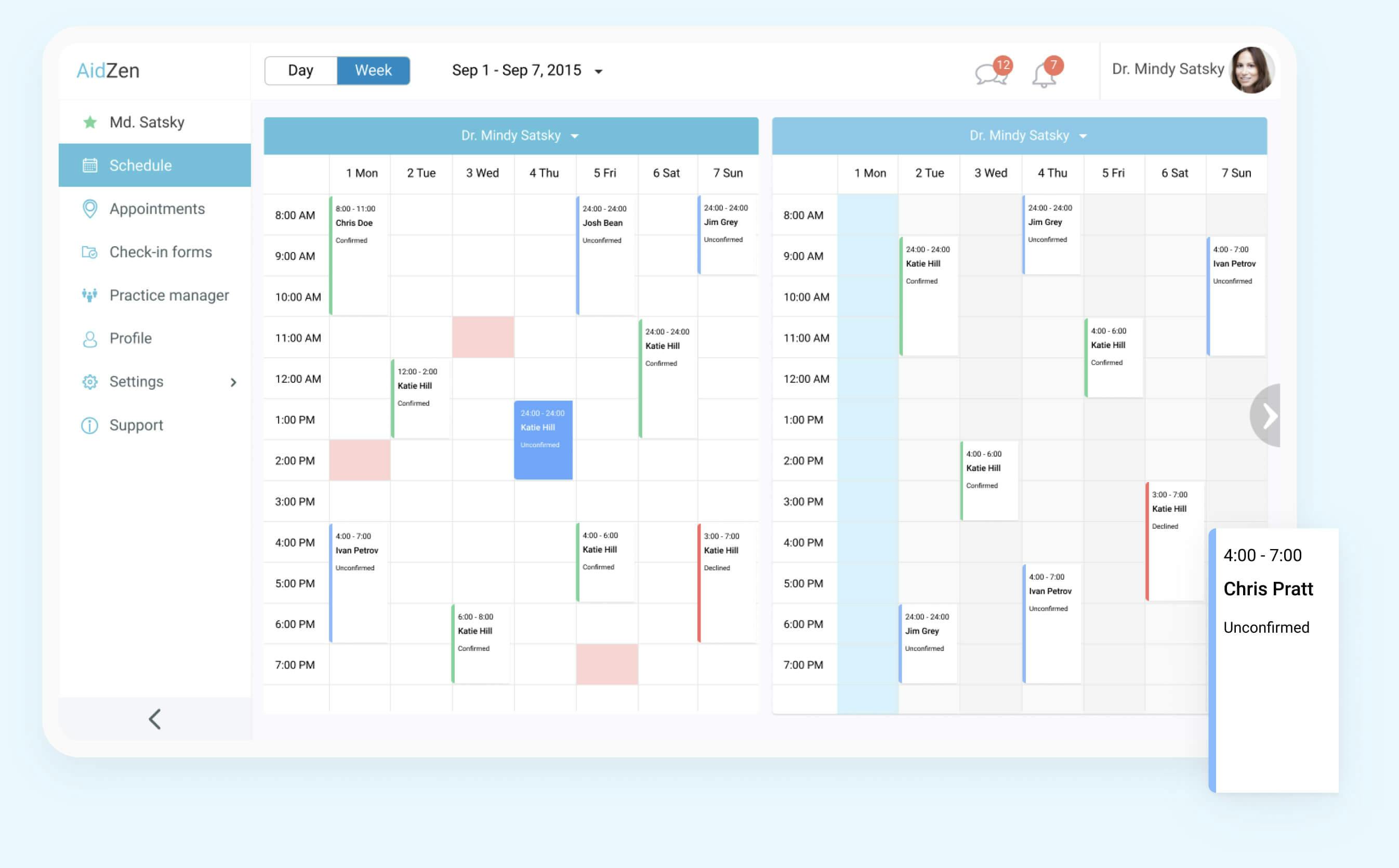 Practice office schedule management calendar UI