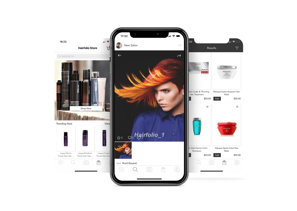 Mobile app screens with hairstyle and hair products