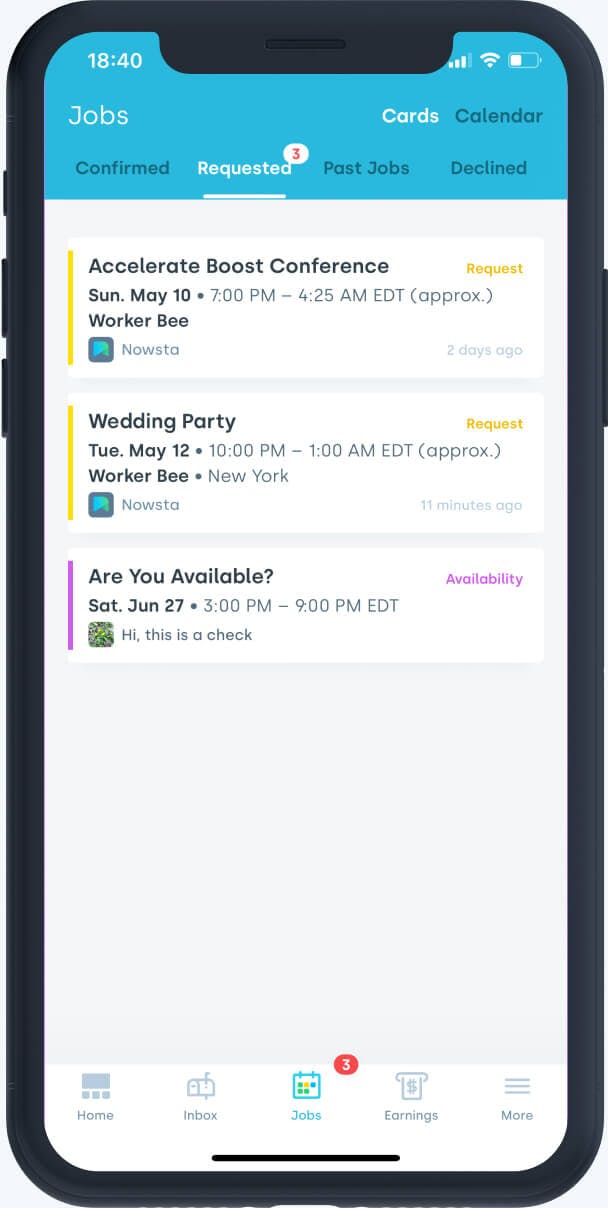 Mobile screen with a list of cards from the employer requesting shift confirmation