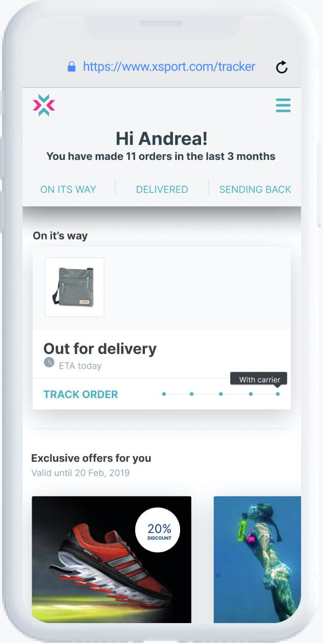 Customer account showing QR code and status for drop-off return