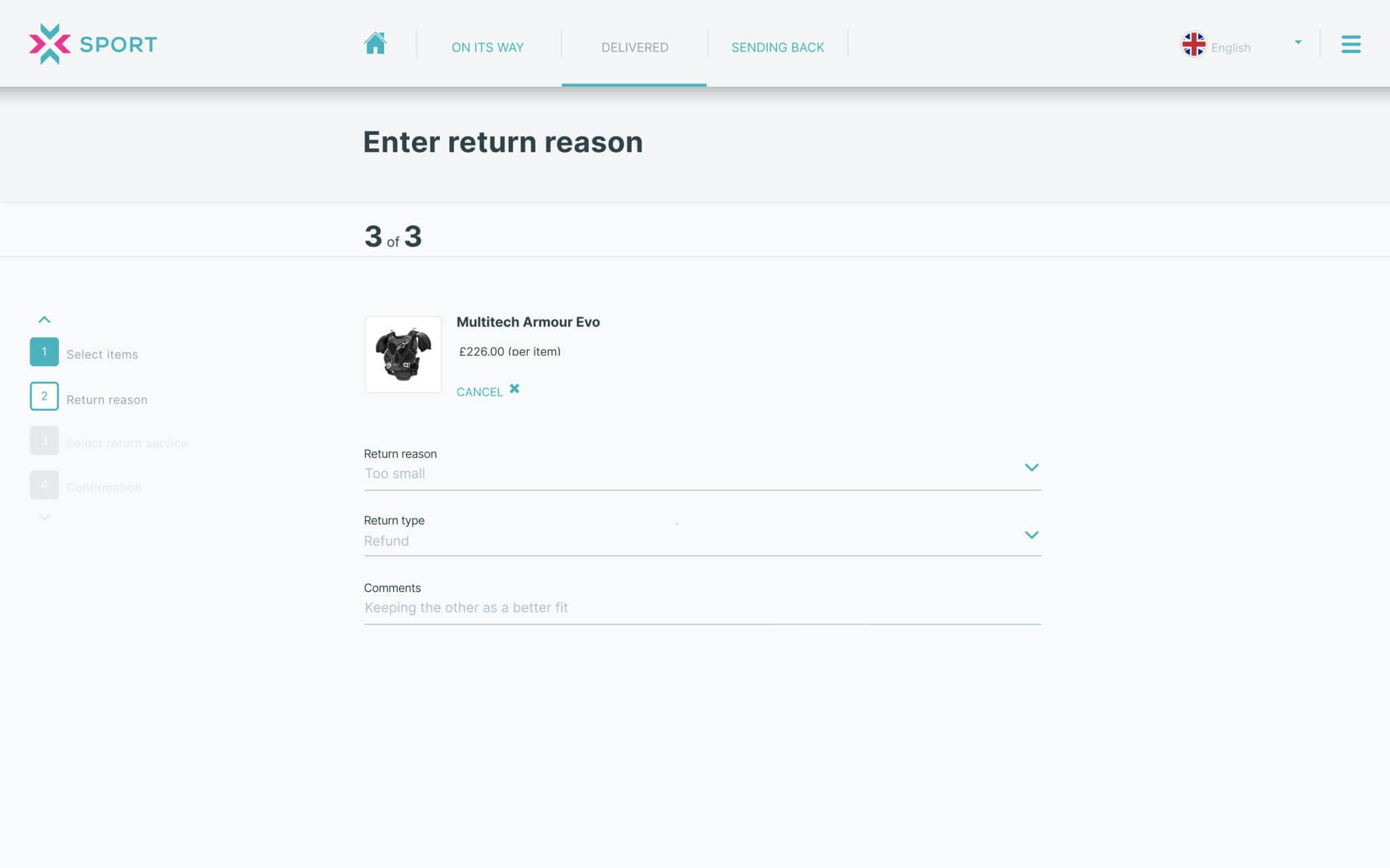 Web form requiring reasons of item return