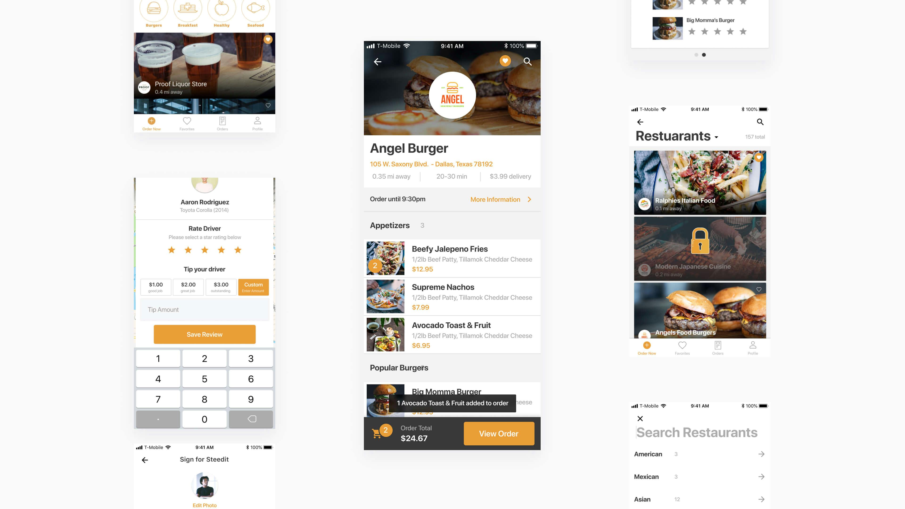 Mobile user interface for food delivery app