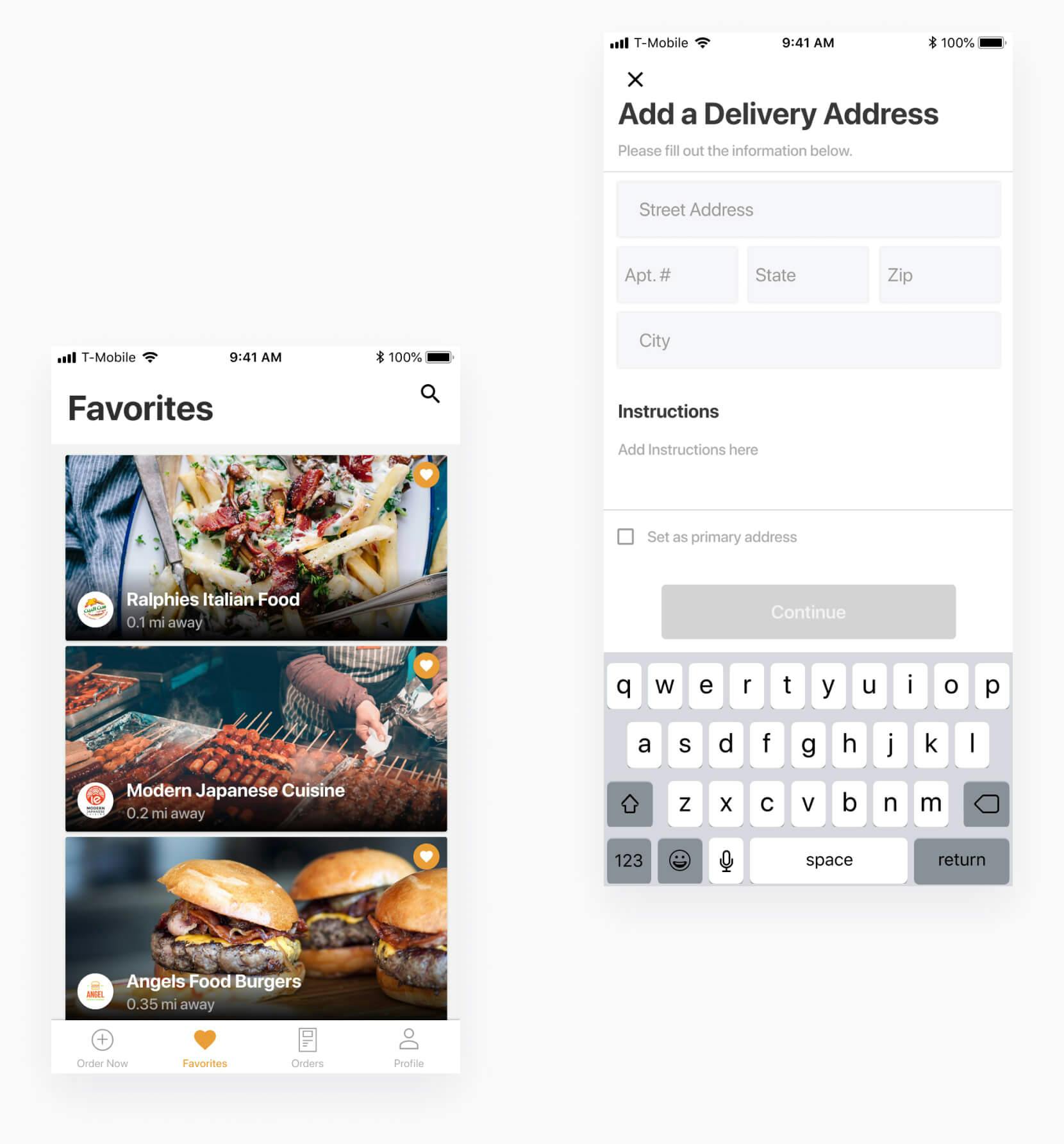 Food delivery address form in mobile app