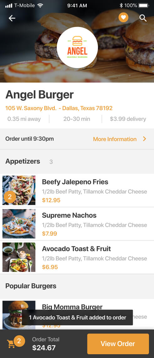 Creating order in food delivery application